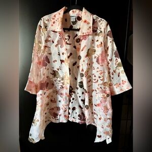 Pink Floral Mesh And Linen Coat - Women Medium